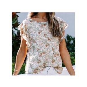 Floral ruffle sleeve top with keyhole button back closure